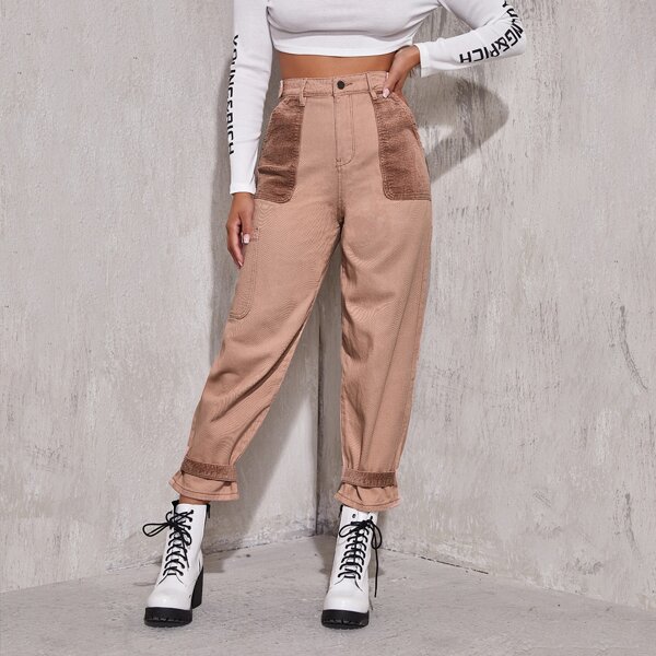 

High Waist Pocket Side Cargo Jeans, Dusty pink