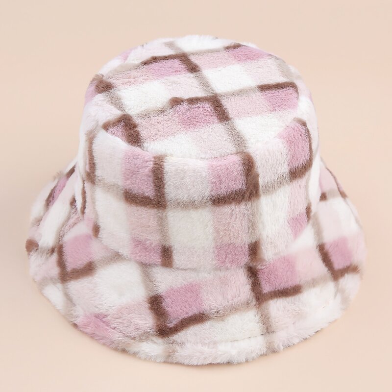 

Plaid Fluffy Bucket Hat, Multicolor