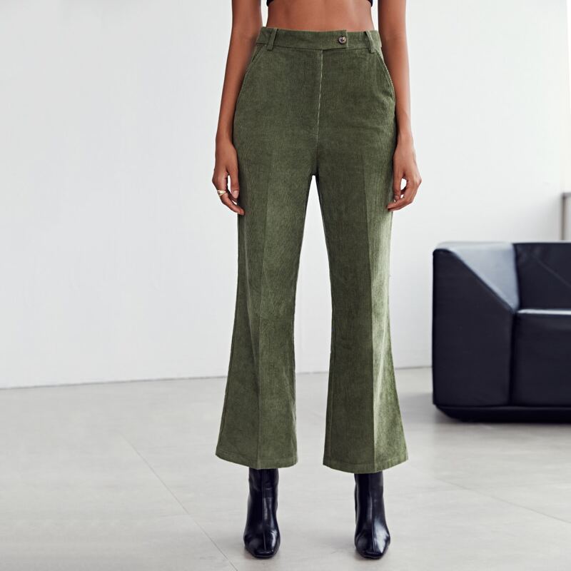 

Button Waist Flare Leg Cord Pants, Army green