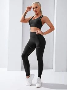 Space Dye Sports Bra & Eyelet Leggings - Black - View 2