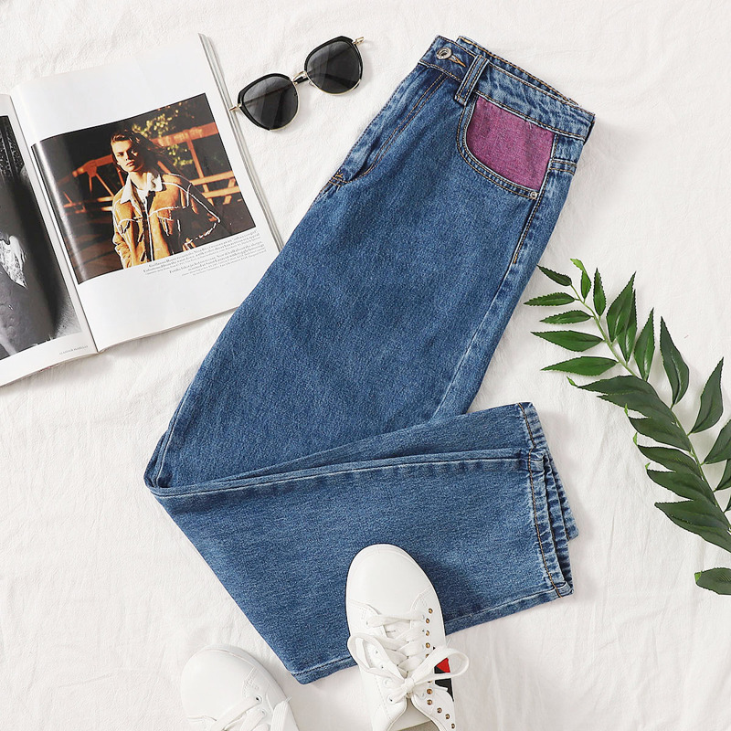 

Color Block Zip Fly Mom Jeans, Medium wash