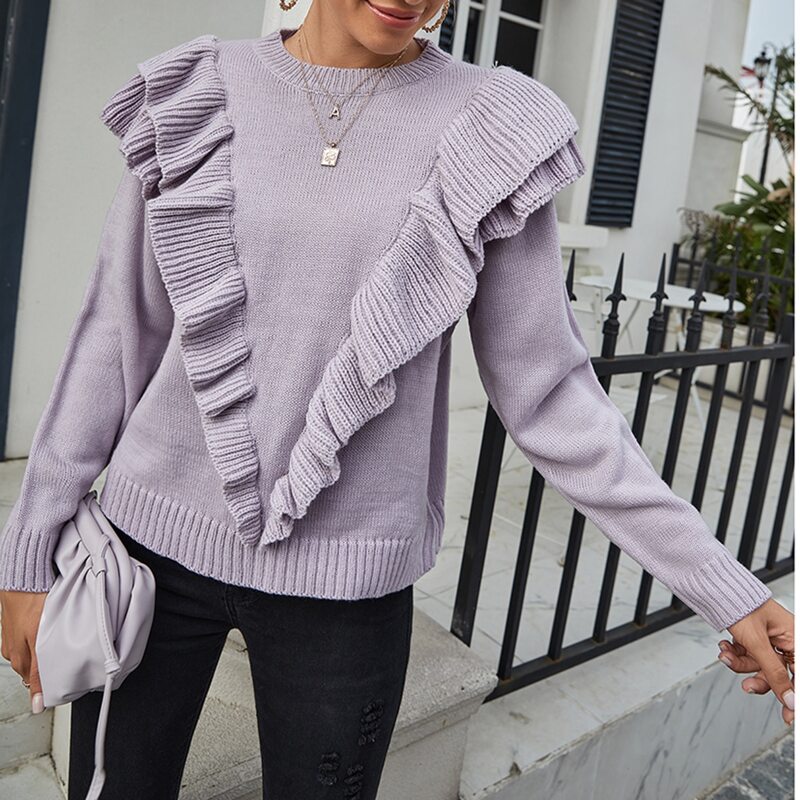 

Ruffle Trim Solid Sweater, Pastel lilac purple