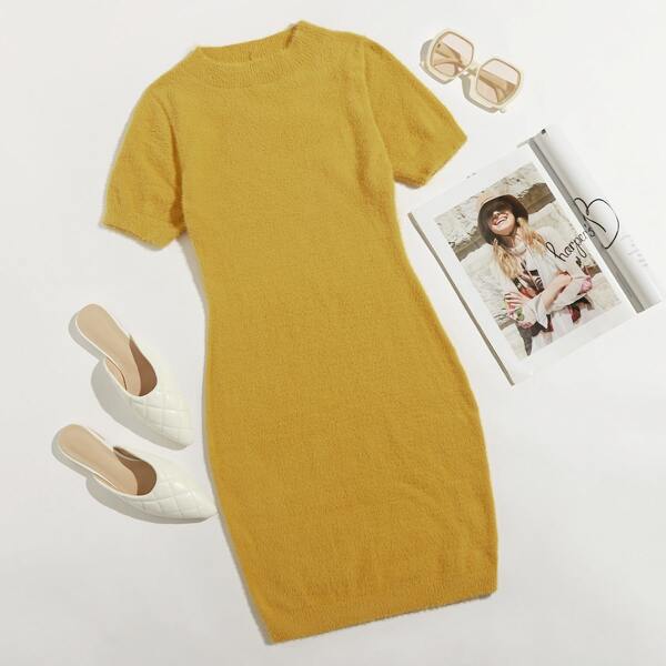 

Solid Fluffy Knit Bodycon Sweater Dress, Mustard yellow