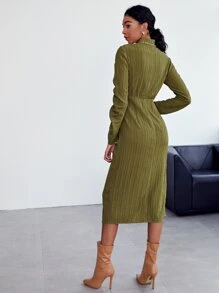 SHEIN Mock Neck Ruched Sleeve Tie Front Split Hem Textured Dress - Army Green - View 2