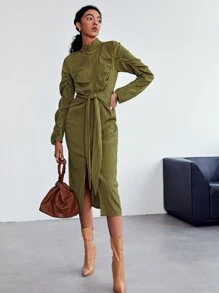 SHEIN Mock Neck Ruched Sleeve Tie Front Split Hem Textured Dress - Army Green - View 1