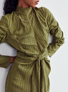 SHEIN Mock Neck Ruched Sleeve Tie Front Split Hem Textured Dress - Army Green - View 4