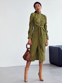 SHEIN Mock Neck Ruched Sleeve Tie Front Split Hem Textured Dress - Army Green - View 5