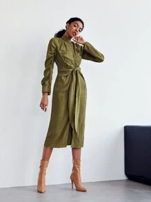 SHEIN Mock Neck Ruched Sleeve Tie Front Split Hem Textured Dress - Army Green - View 6