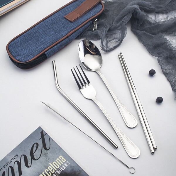 

5pcs Stainless Steel Cutlery Set & 1pc Bag, Silver