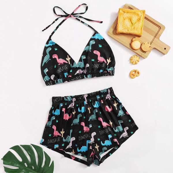 

Cartoon Dinosaur & Letter Graphic Halter Top With Shorts PJ Set, Multicolor