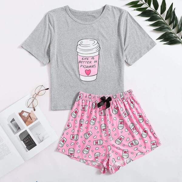 

Slogan Graphic Tee With Bow Front Shorts PJ Set, Multicolor