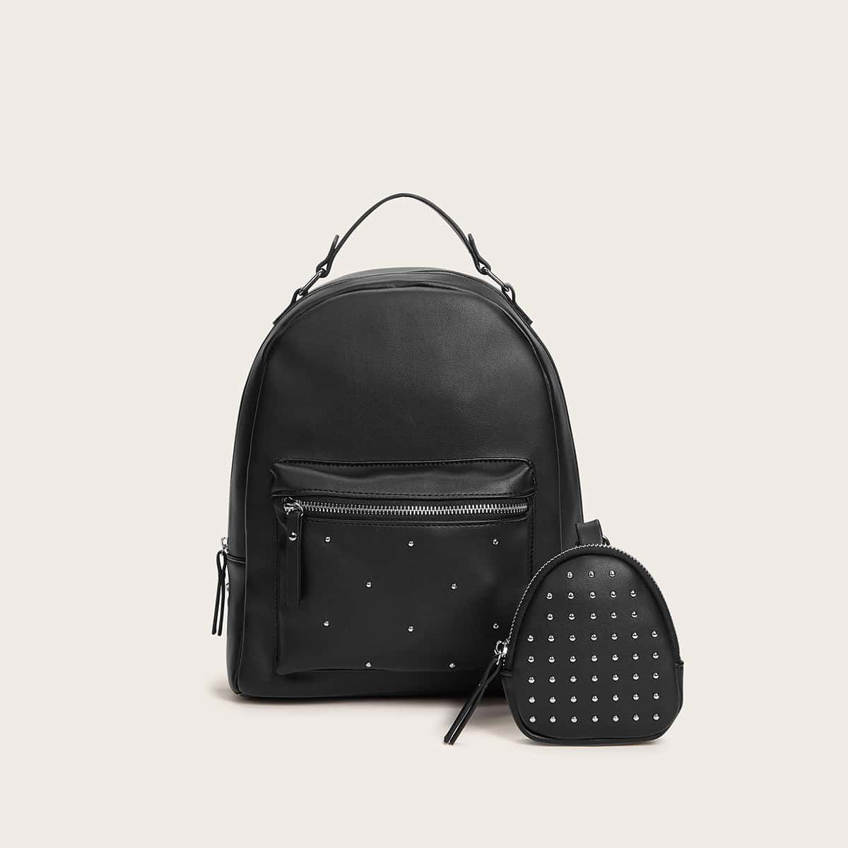 

Studded Decor Backpack With Purse, Black