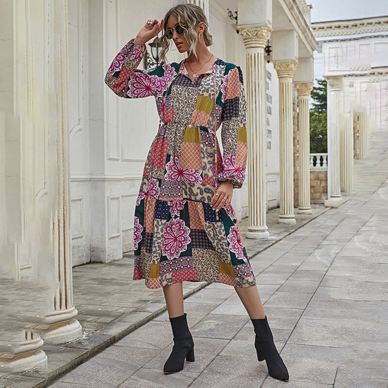 

Tie Neck Patchwork A-line Dress, Multicolor