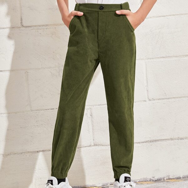 

Boys Button Detail Slant Pocket Cord Pants, Army green