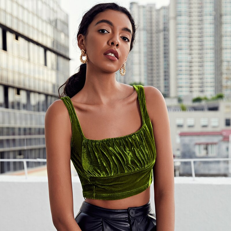 

Ruched Bust Velvet Crop Tank Top, Dark green