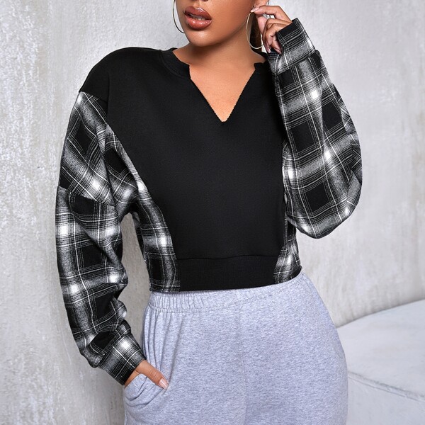 

Notch Neck Drop Shoulder Tartan Panel Pullover, Black