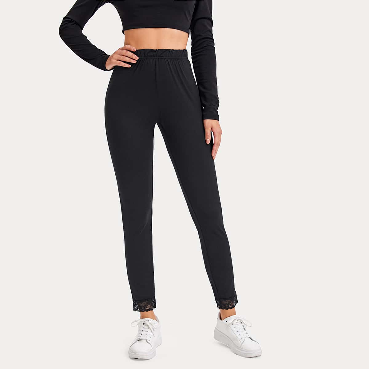 

Contrast Lace Solid Leggings, Black