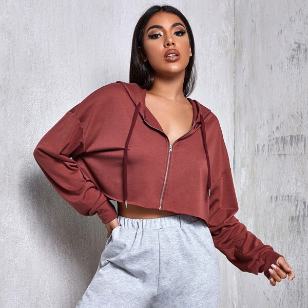 

Drop Shoulder Zip Up Drawstring Hoodie, Redwood