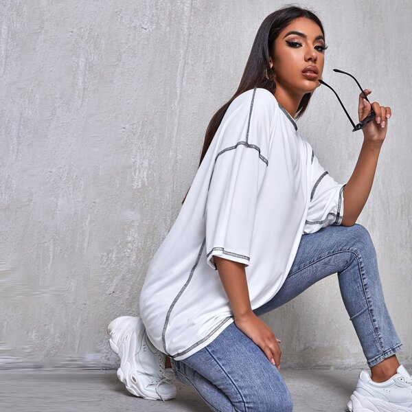 

Contrast Stitch Drop Shoulder Longline Tee, White