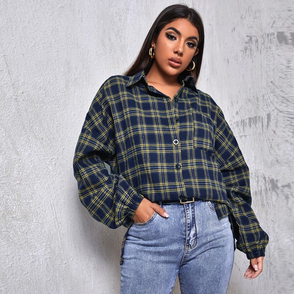 

Drop Shoulder Patch Pocket Plaid Oversized Longline Blouse, Multicolor