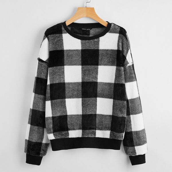 

Drop Shoulder Buffalo Plaid Pullover, Black and white