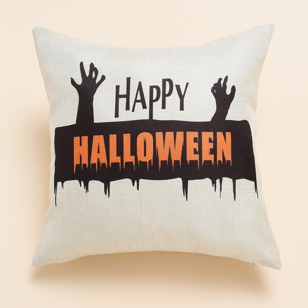 

Halloween Slogan Graphic Cushion Cover Without Filler, Beige