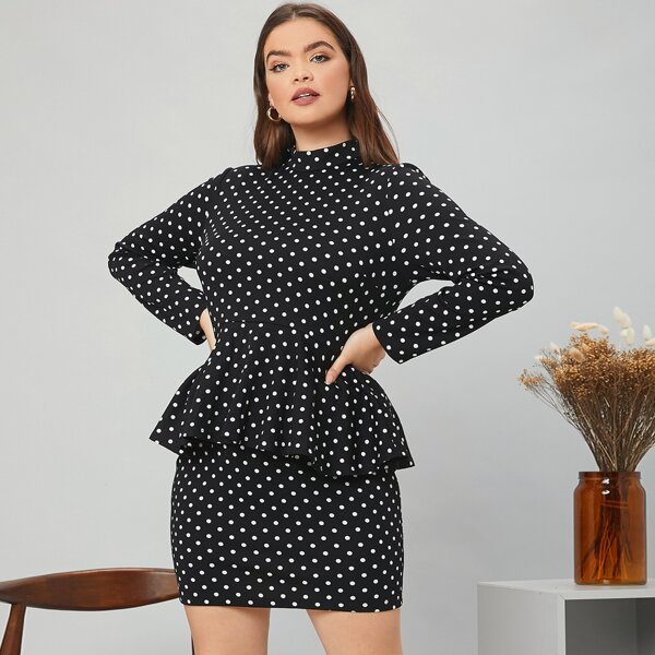 

Plus Mock Neck Polka Dot Peplum Top & Skirt Set, Black