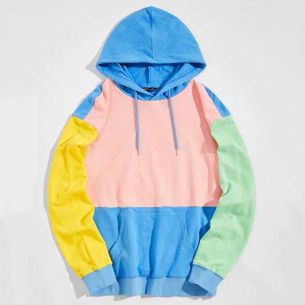 

Men Drawstring Detail Pouch Pocket Colorblock Hoodie, Multicolor