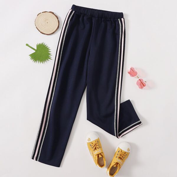 

Girls Contrast Striped Tape Pants, Navy blue