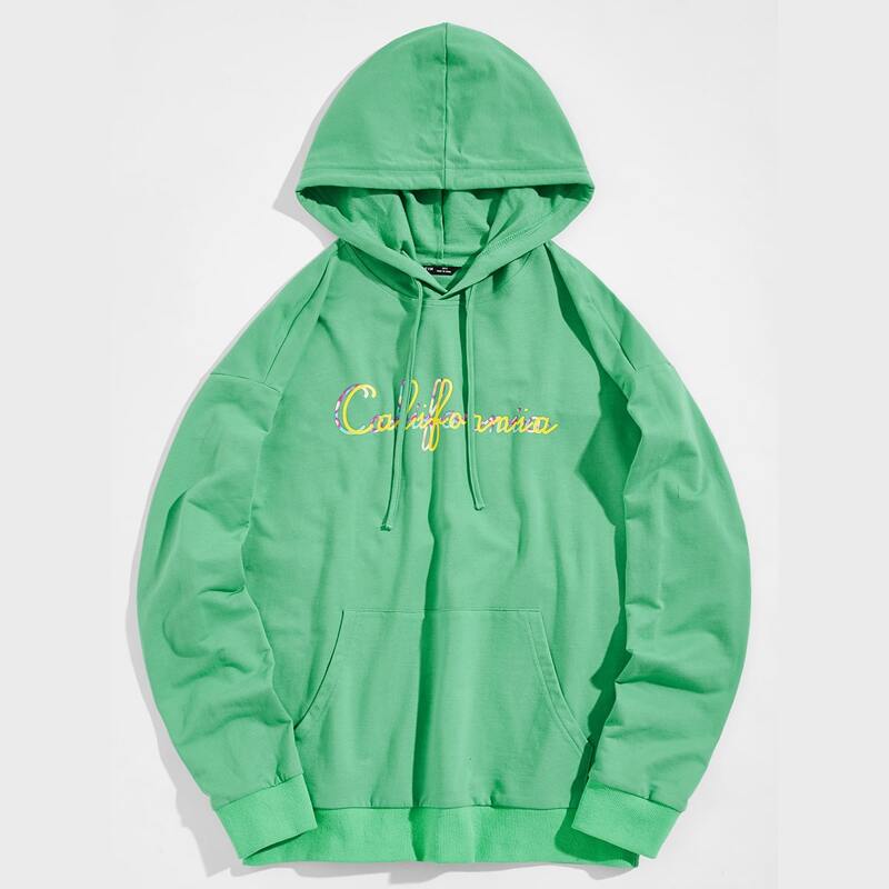 

Guys Drawstring Detail Pouch Pocket Letter Graphic Hoodie, Green