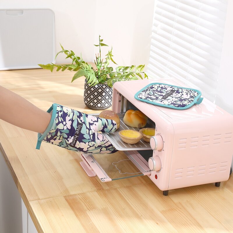 

1pc Flower Print Oven Glove & 1pc Insulation Pad, Multicolor
