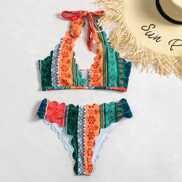 

Paisley & Graphic Scalloped Trim Bikini Swimsuit, Multicolor