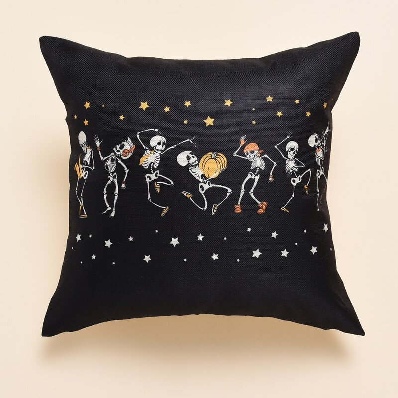 

Halloween Skull Print Cushion Cover Without Filler, Black