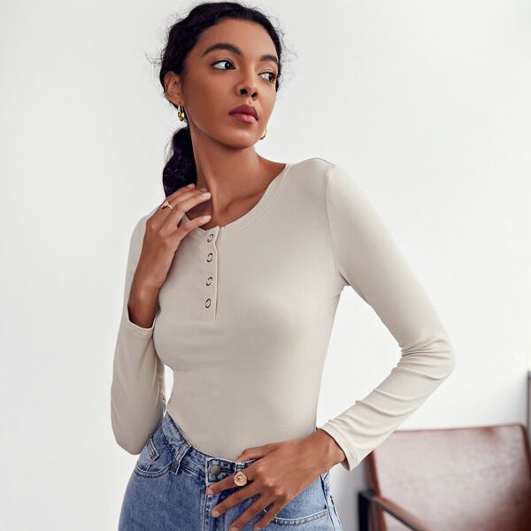 

Press Buttoned Half Placket Rib-knit Tee, Beige