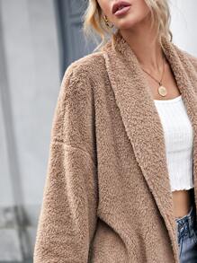 SHEIN LUNE Drop Shoulder Shawl Collar Teddy Coat - Khaki - View 3