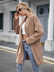 SHEIN LUNE Drop Shoulder Shawl Collar Teddy Coat - Khaki - View 5