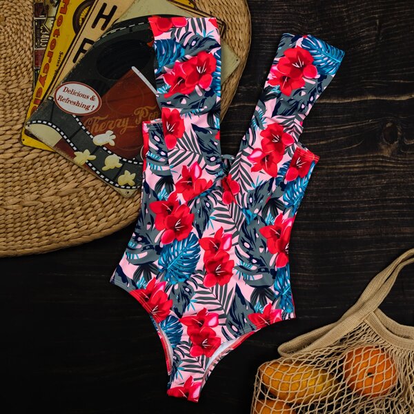 

Floral & Tropical Ruffle One Piece Swimsuit, Multicolor