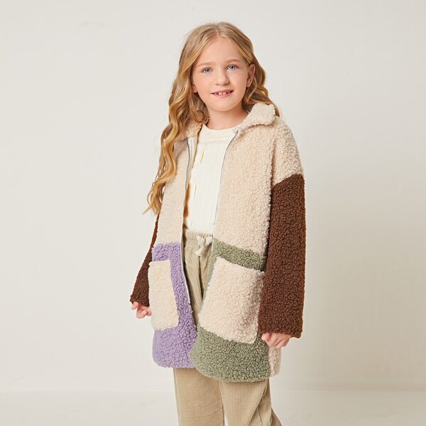 

Girls Patch Pocket Colorblock Teddy Coat, Multicolor