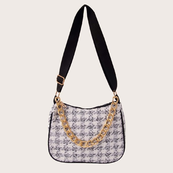 

Plaid Chain Baguette Bag, White