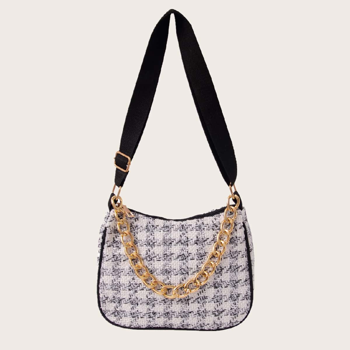 

Plaid Chain Baguette Bag, White