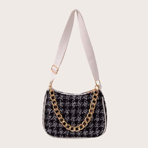

Plaid Chain Baguette Bag, Black