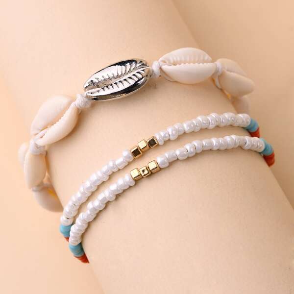 

2pcs Shell Detail Beaded Bracelet, Multicolor