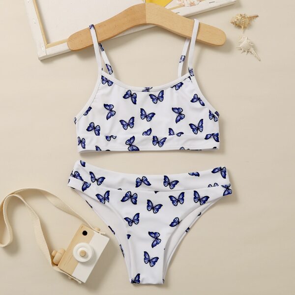 

Girls Allover Butterfly Print Bikini Swimsuit, Blue and white