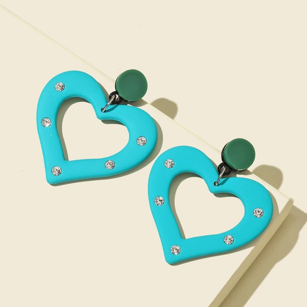 

Rhinestone Decor Heart Charm Drop Earrings, Blue