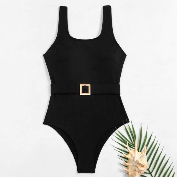 

Rib Buckle Detail One Piece Swimsuit, Black
