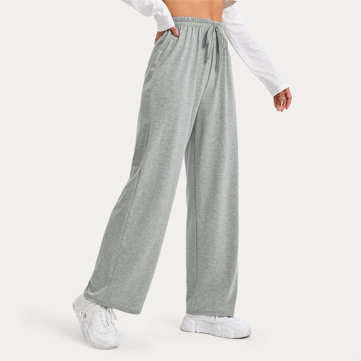 

Solid Tie Front Wide Leg Pants, Light grey