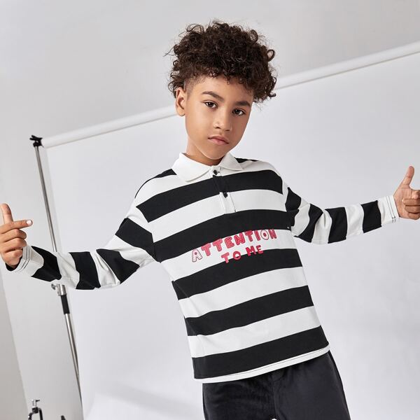 

Boys Slogan Graphic Striped Polo Shirt, Black and white