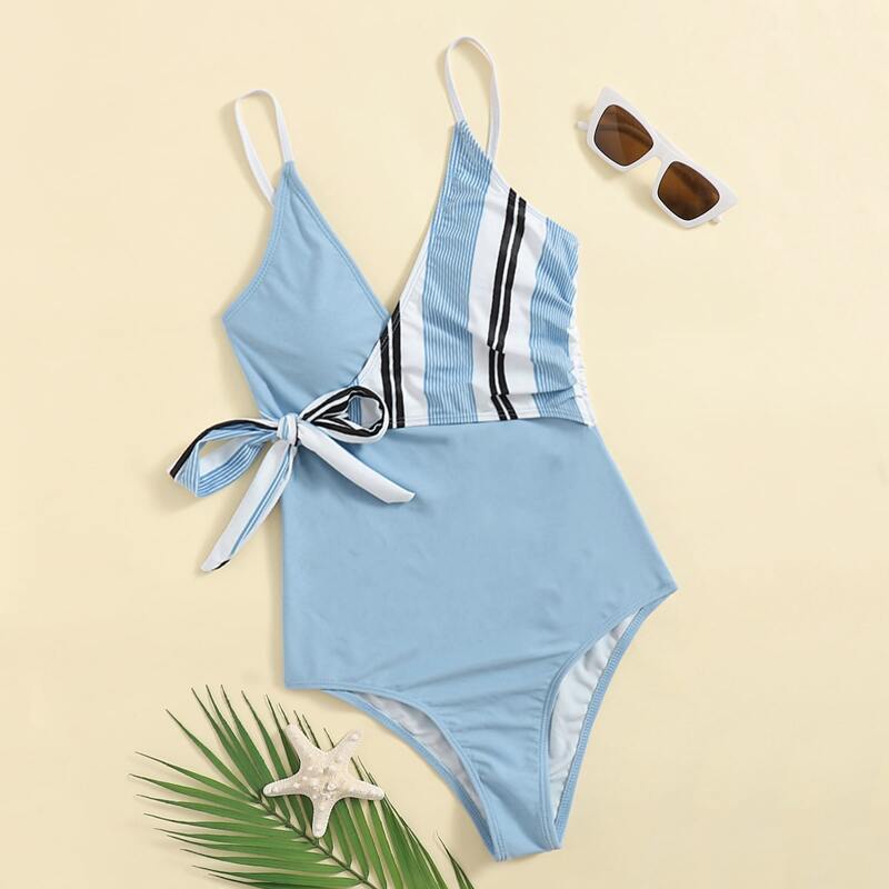 

Contrast Striped Wrap One Piece Swimsuit, Baby blue