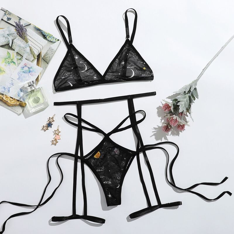 

Moon Graphic Garter Lingerie Set, Black