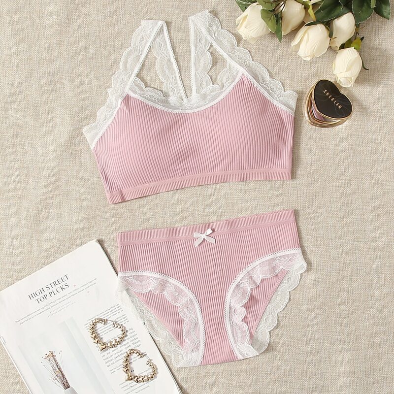

Lace Trim Ribbed Lingerie Set, Dusty pink
